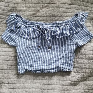 Off The Shoulder Blue Ruffle Crop Top, Size S